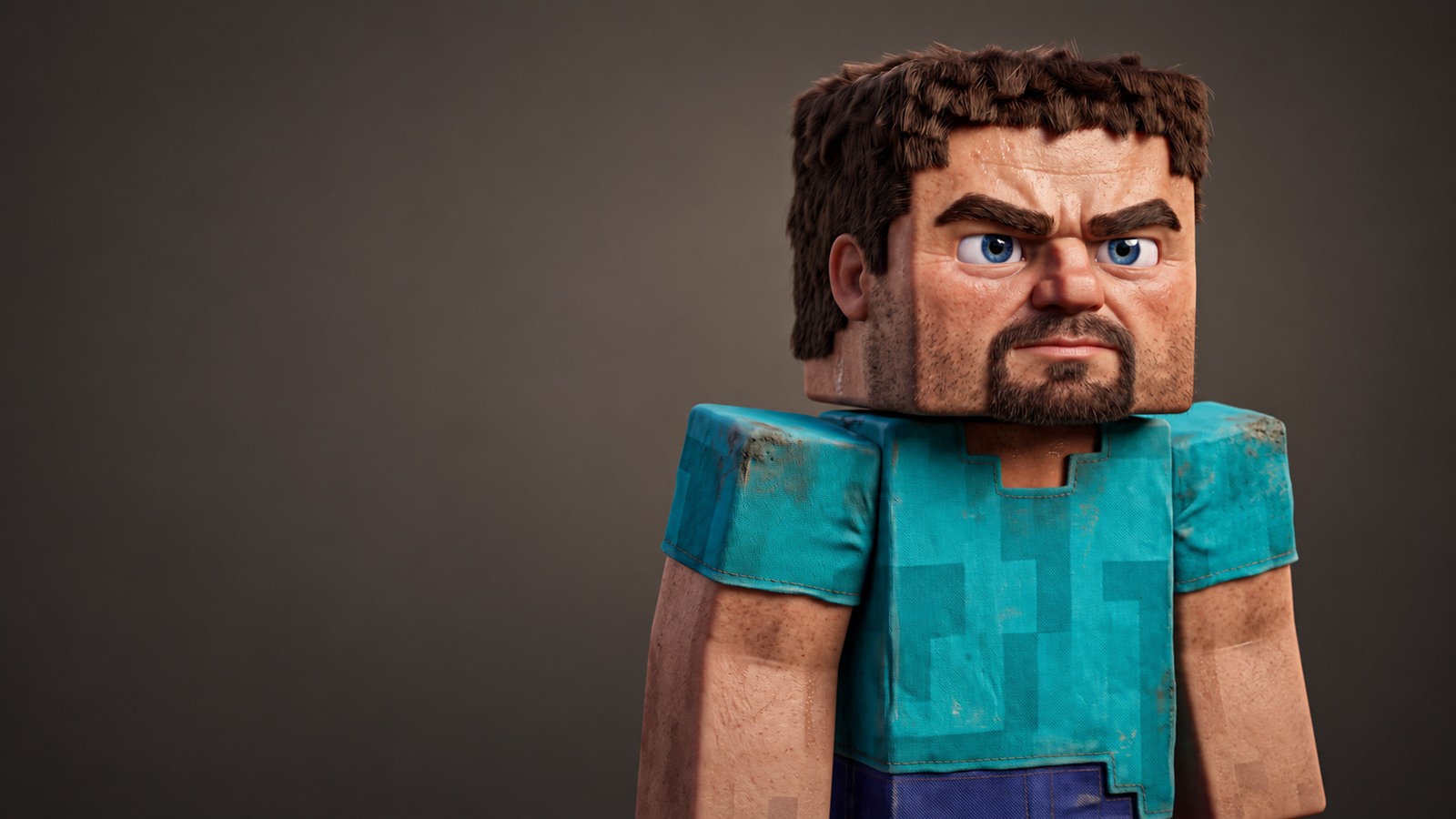 Steve, a stern block-built character in a worn teal shirt